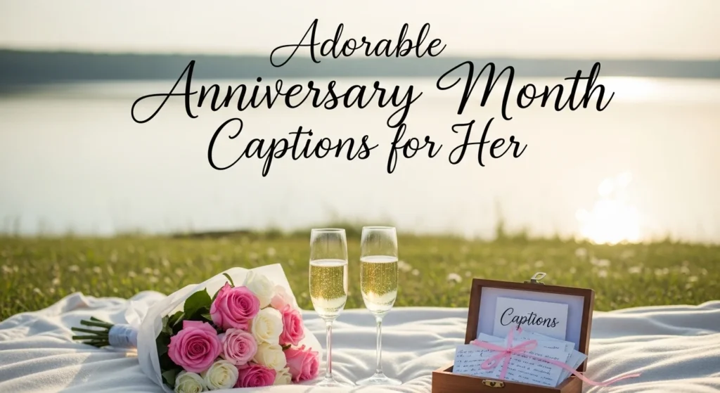 Create a professional featured images for an article with the title written on the image, the title is:Adorable Anniversary Month Captions for Her